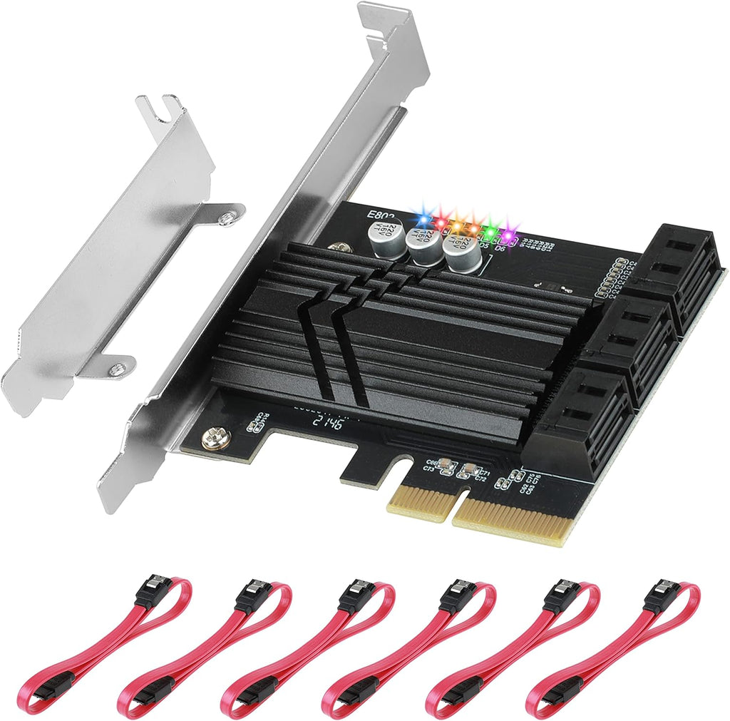 PCIe X4 SATA Card 6 Ports, Non Raid, SATA III Controller Expansion Card 6 Gbps, with 6 SATA Cables+Thin Bracket Pack of 2 M7167