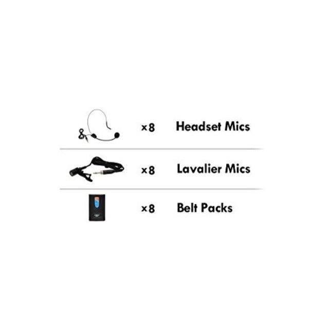 8 Channel Wireless Microphone System with 8 Clip Lavalier Lapel & 8 Headset Microphones, Receiver Base K74719