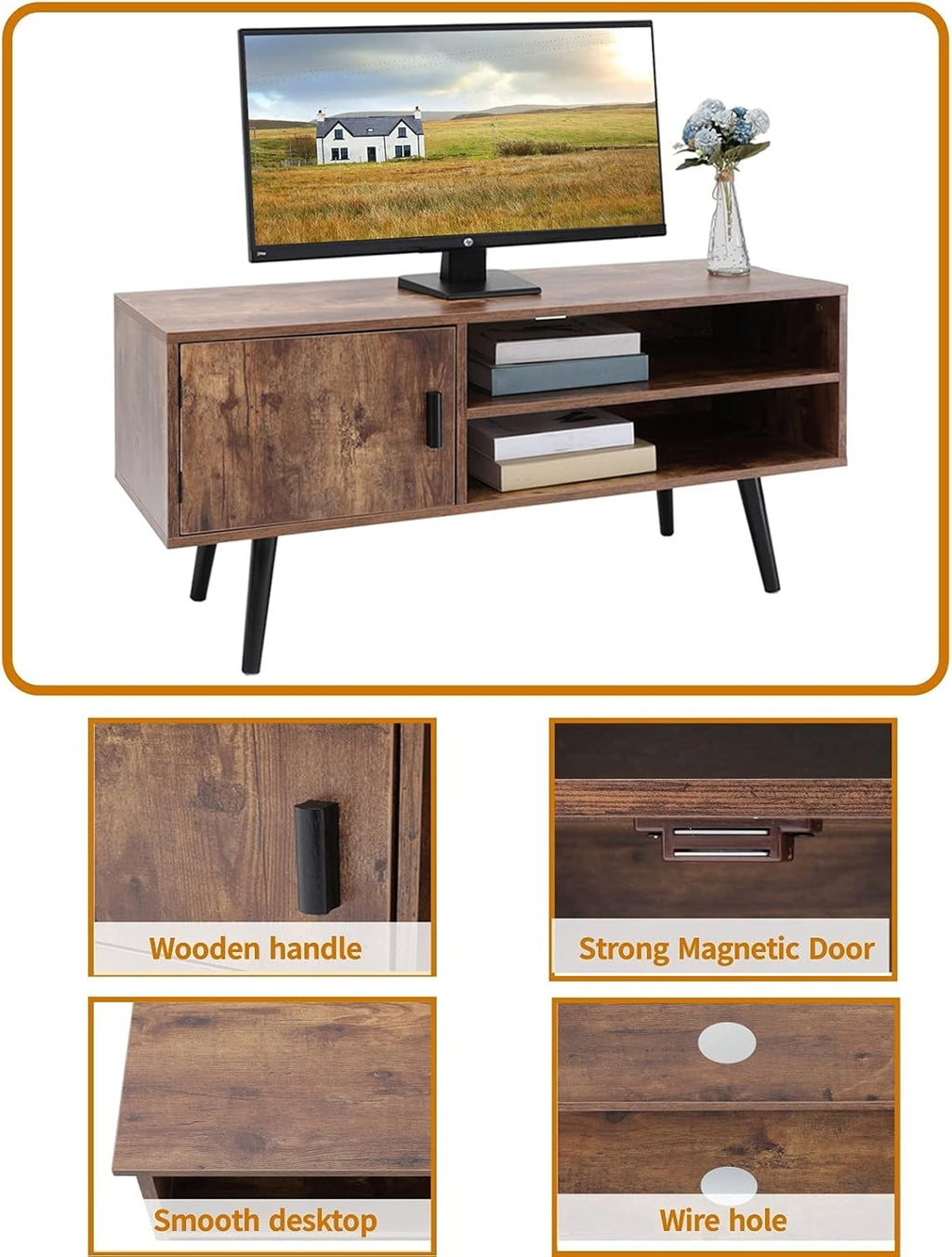 Rustic Brown TV Stand with Open Storage Shelves and Cabinet K64657