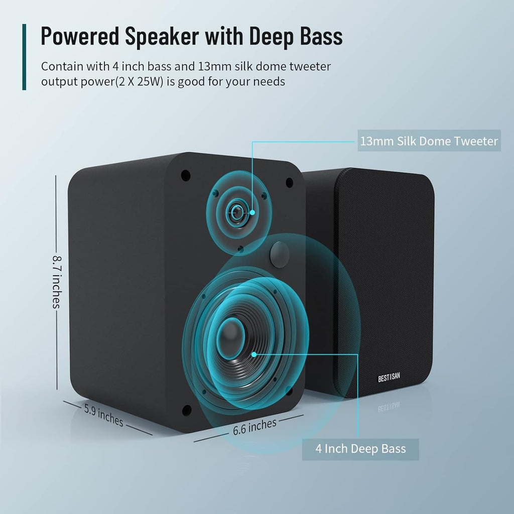 4 Inch Powered Bookshelf Speakers, Black, Pair X144481
