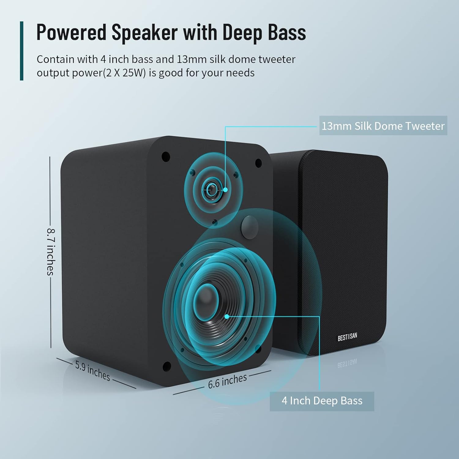 4 Inch Powered Bookshelf Speakers, Black, Pair X144481