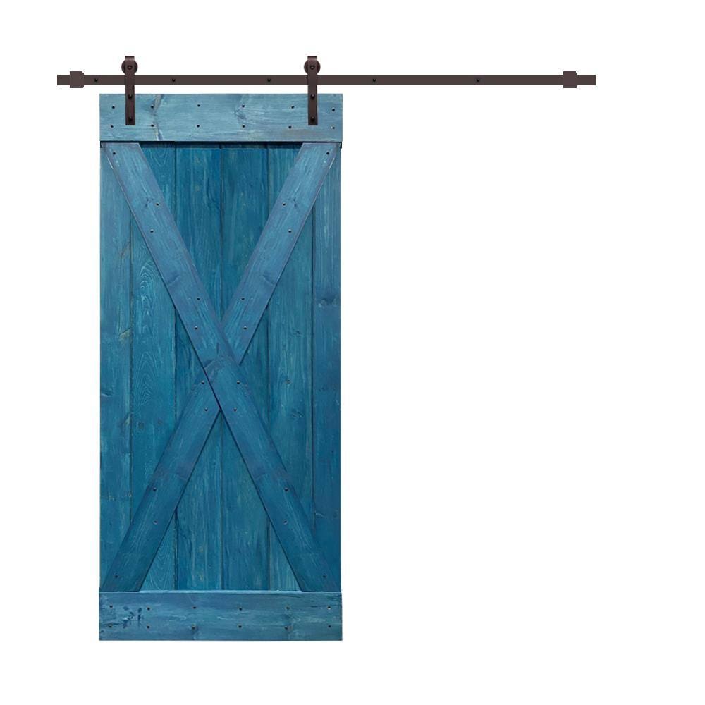 Ocean Blue Stained Wood Interior Sliding Barn Door with Hardware Kit K67342