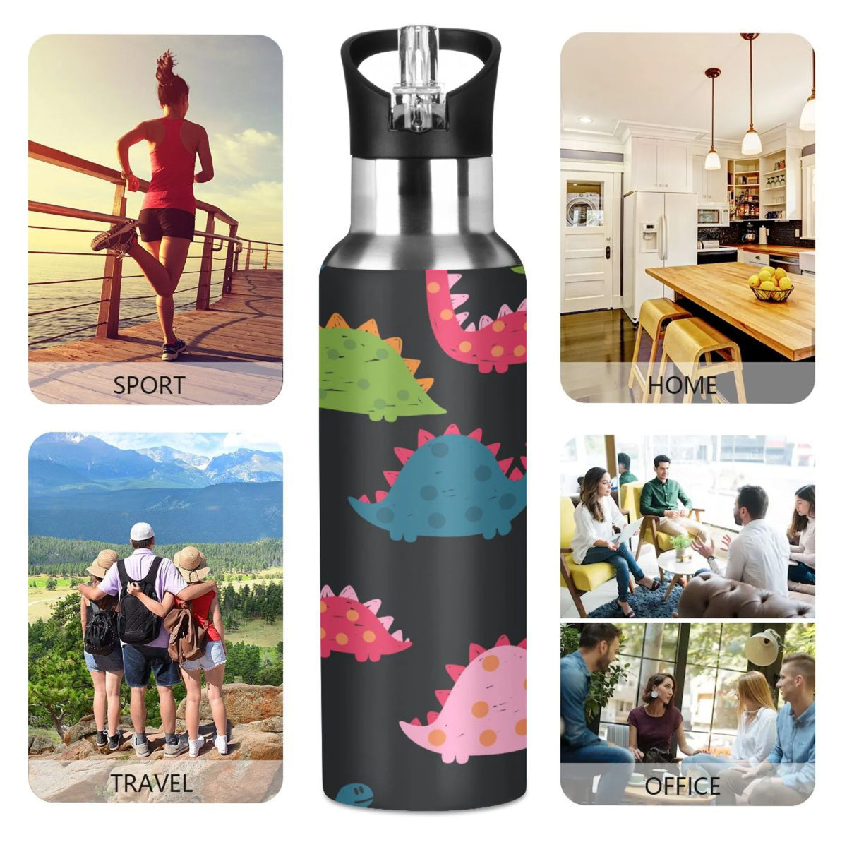 Rainbow Dinosaur Stainless Steel Insulated Water Bottle S907