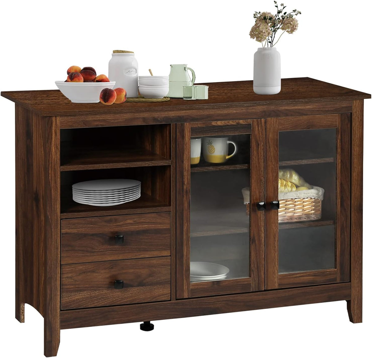 Rustic Farmhouse Kitchen Buffet Sideboard with Glass Doors, 2 Drawers & Open Compartments, Walnut K39205
