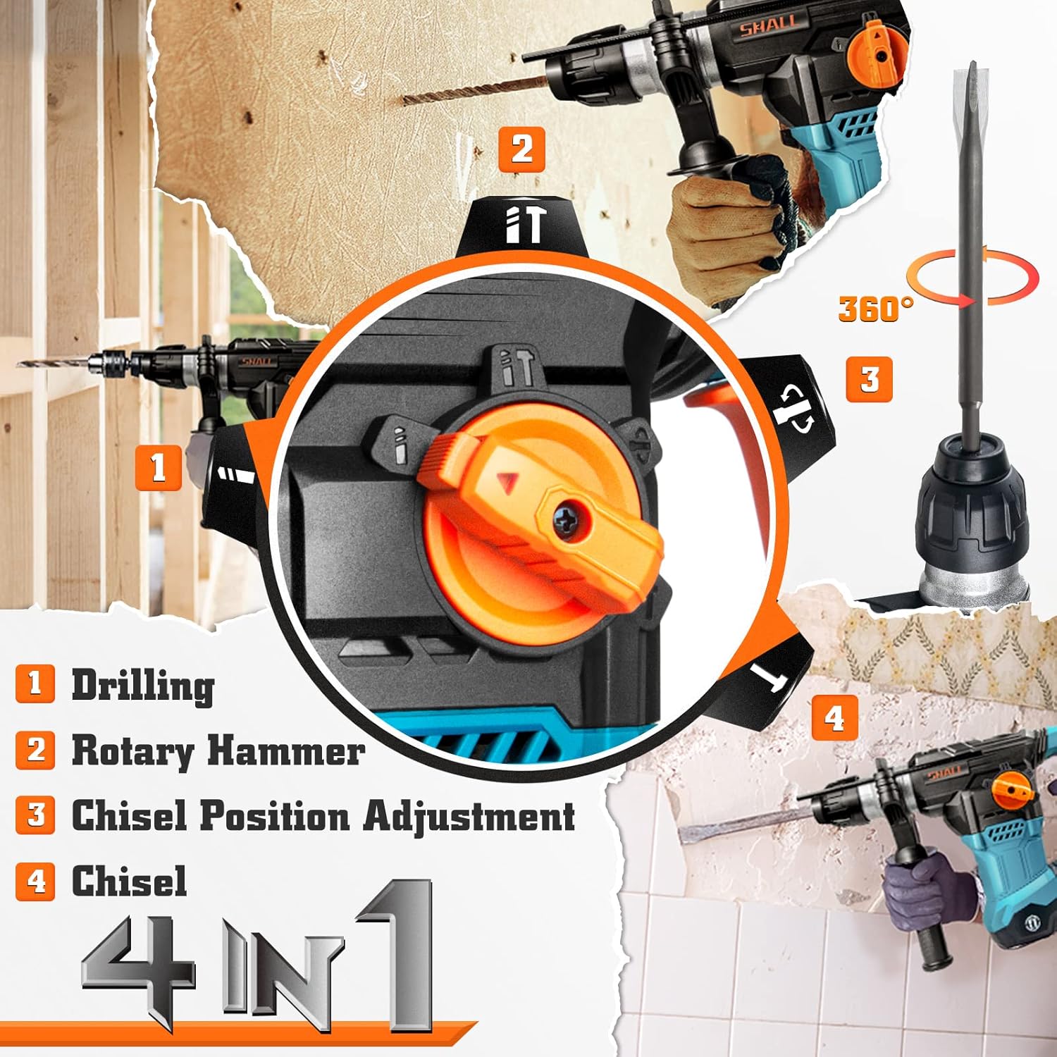 Rotary Hammer Drill with Flat Chisel, Point Chisel and 3 Drill Bits Included G7421