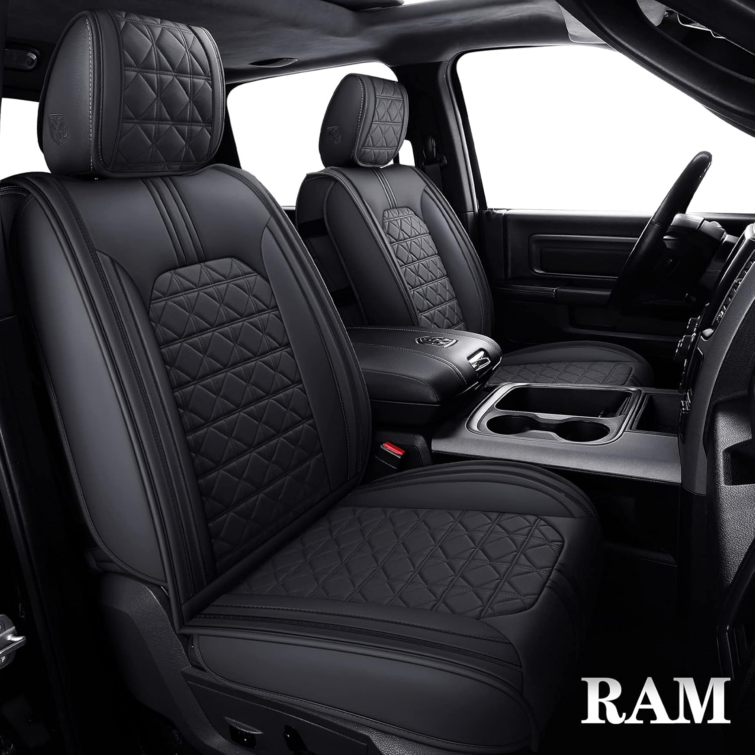 Black Faux Leather Front Seat Covers for Dodge RAM Pickup F491