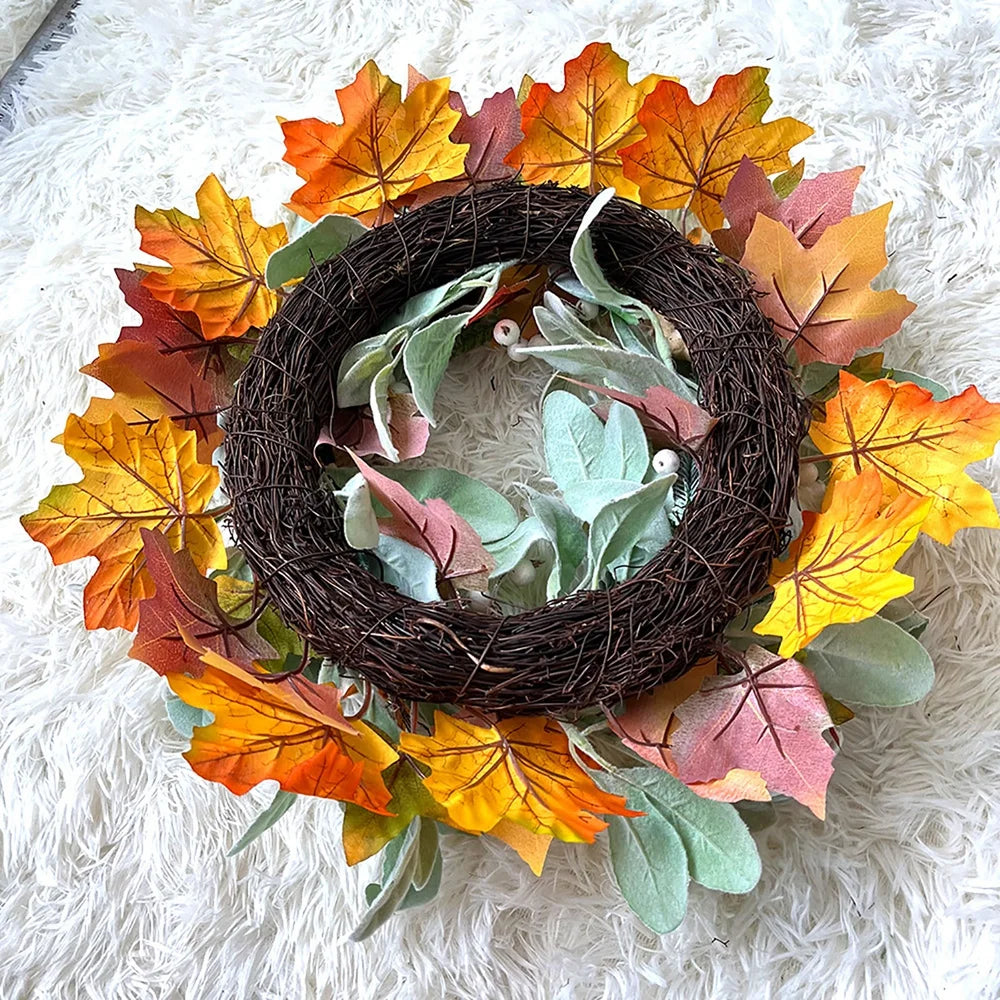 17 Inch Autumn Maple Leaf Pumpkin Berry Wreath N48399