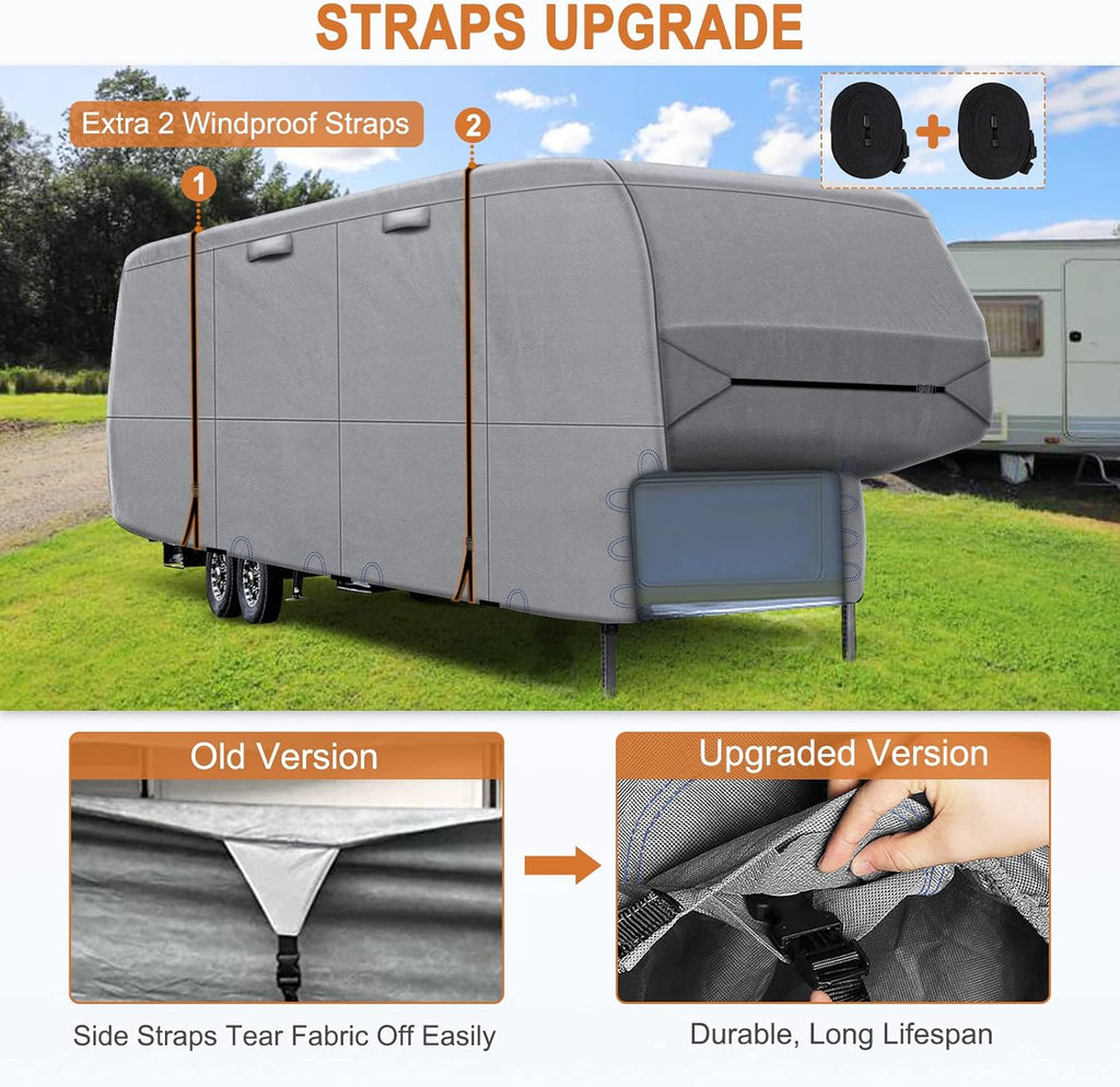 6 Layers Top 5th Wheel RV Cover Anti-UV Camper Cover Breathable Rip-Stop with 2Pcs Extra Straps & Gutter Spout Covers F94043
