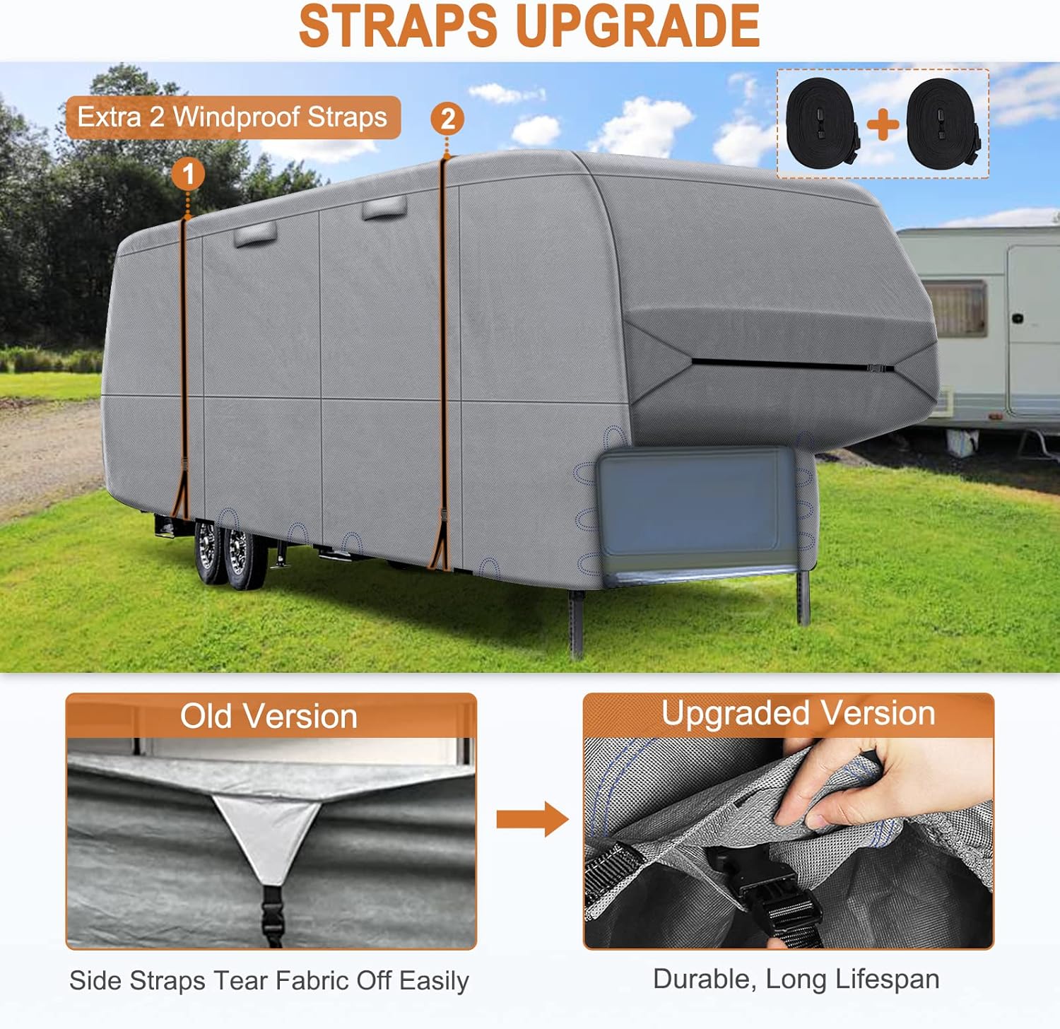 6 Layers Top 5th Wheel RV Cover Anti-UV Camper Cover Breathable Rip-Stop with 2Pcs Extra Straps & Gutter Spout Covers F94043