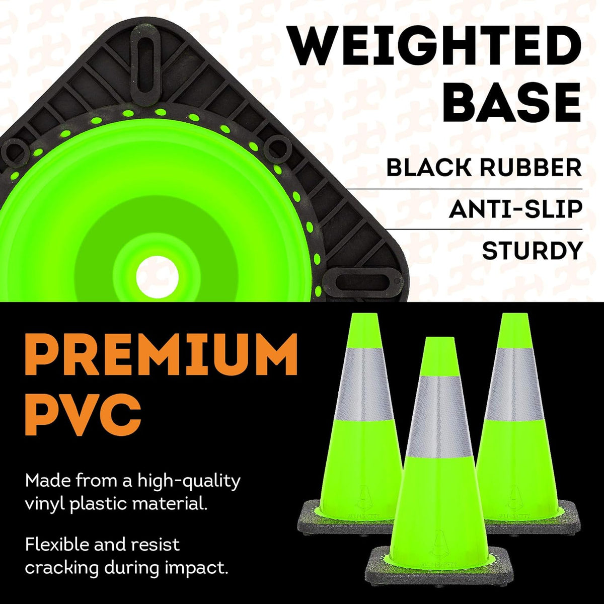 Lime Green PVC Traffic Cone with Reflective Collar, 4 Pack V566991