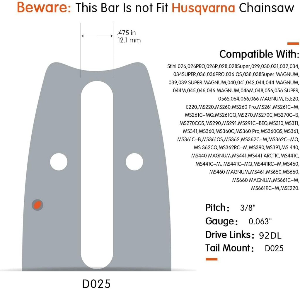 28 Inch Laminated Chainsaw Guide Bar Saw Chain Combo 3/8 Pitch 0.063 Gauge 92DL Pack of 2 T998