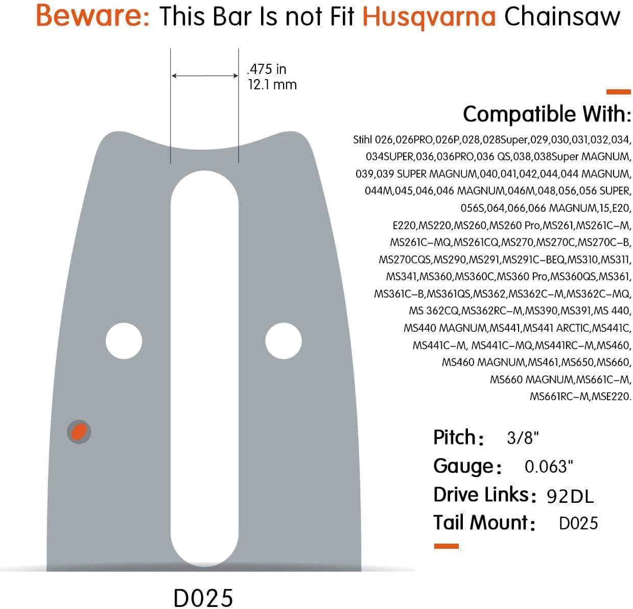 28 Inch Laminated Chainsaw Guide Bar Saw Chain Combo 3/8 Pitch 0.063 Gauge 92DL Pack of 2 T998