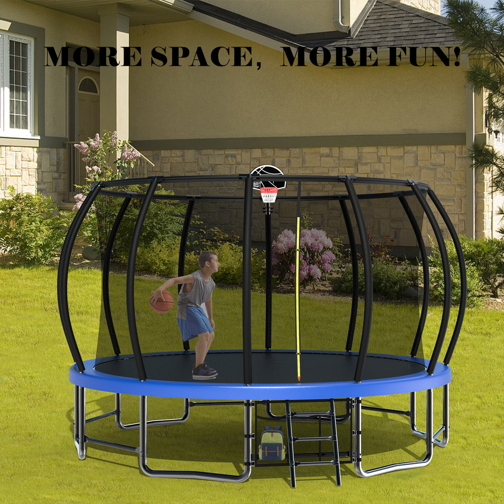 15FT Trampoline with Basketball Hoop, Blue, with Enclosure Net & Ladder K6289
