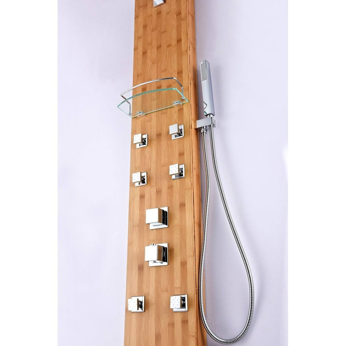 Full Body Shower Panel with Heavy Rain Shower and Spray Wand in Natural Bamboo H316921