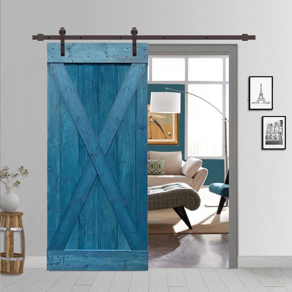 Ocean Blue Stained Wood Interior Sliding Barn Door with Hardware Kit K67342