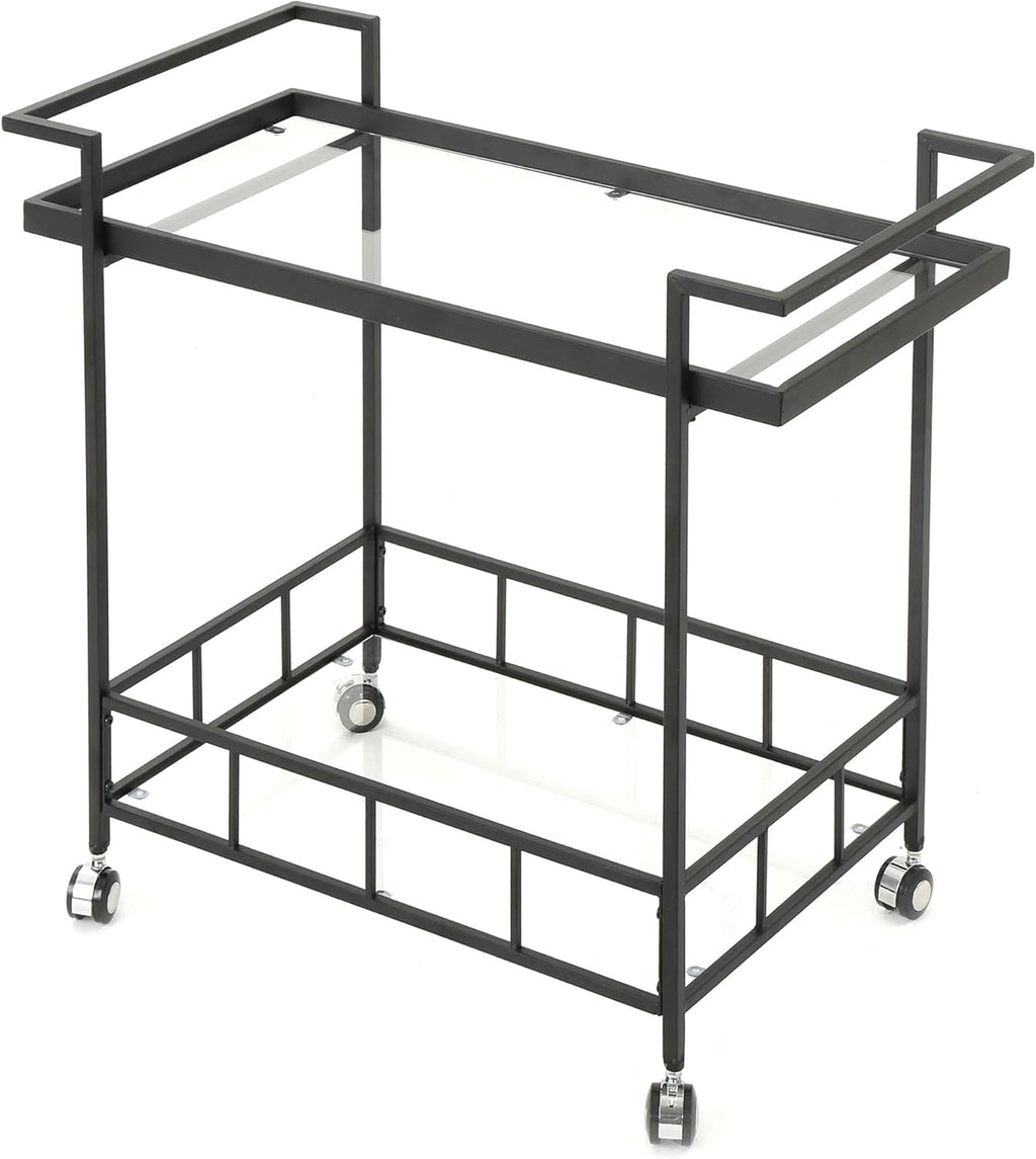 Black Industrial Iron Bar Cart with Tempered Glass Shelves F94274