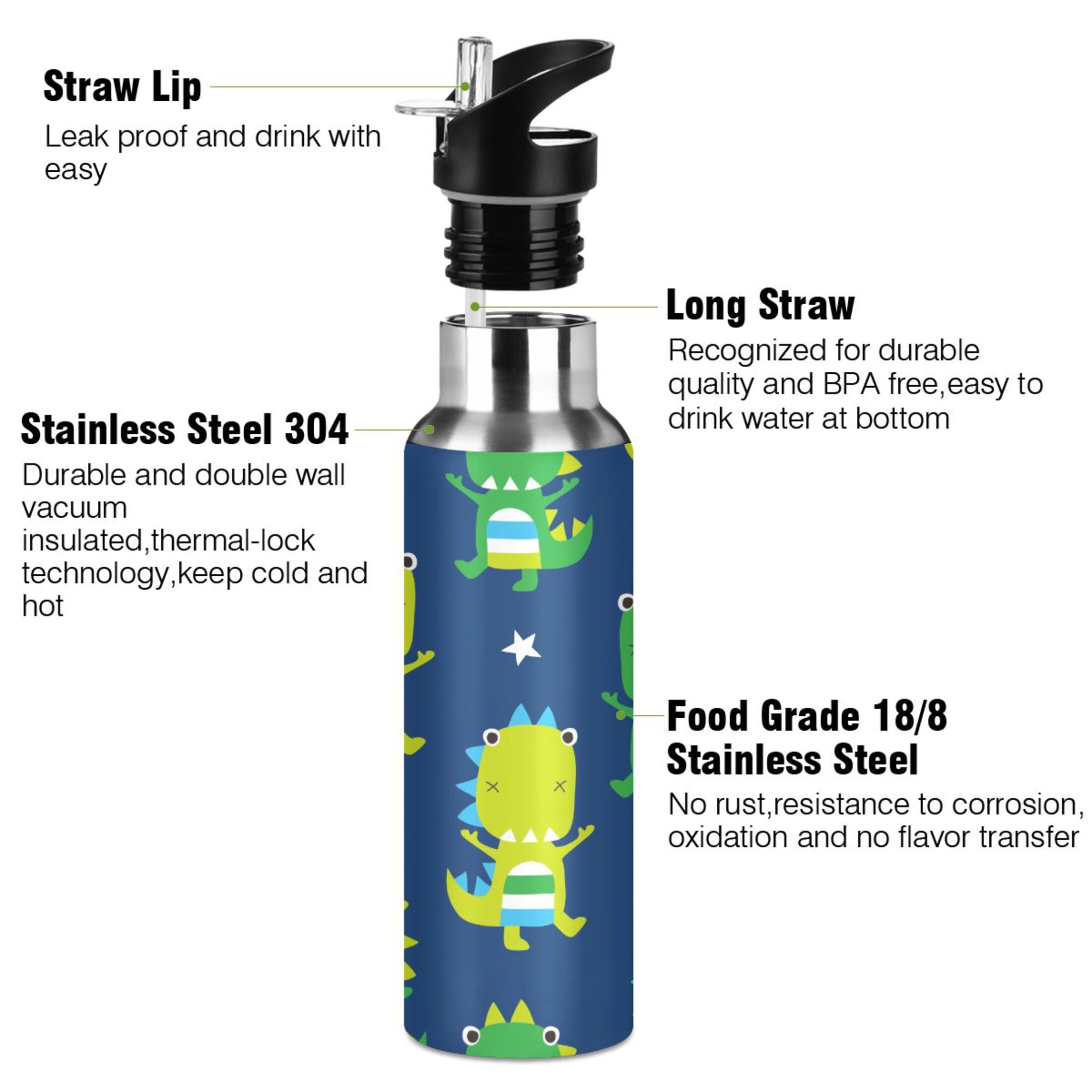Green Dinosaur Blue Stainless Steel Insulated Water Bottle with Straw Lid U263523