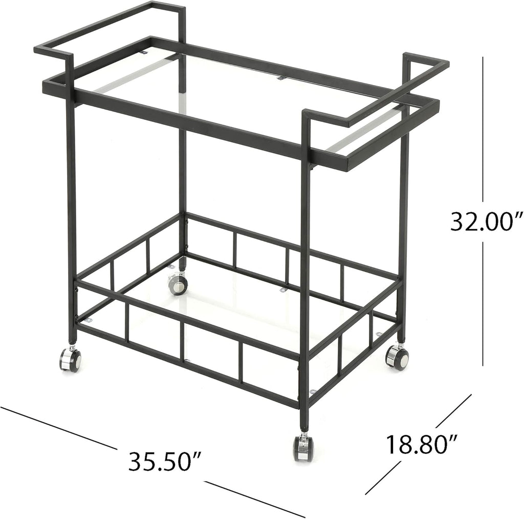 Black Industrial Iron Bar Cart with Tempered Glass Shelves F94274