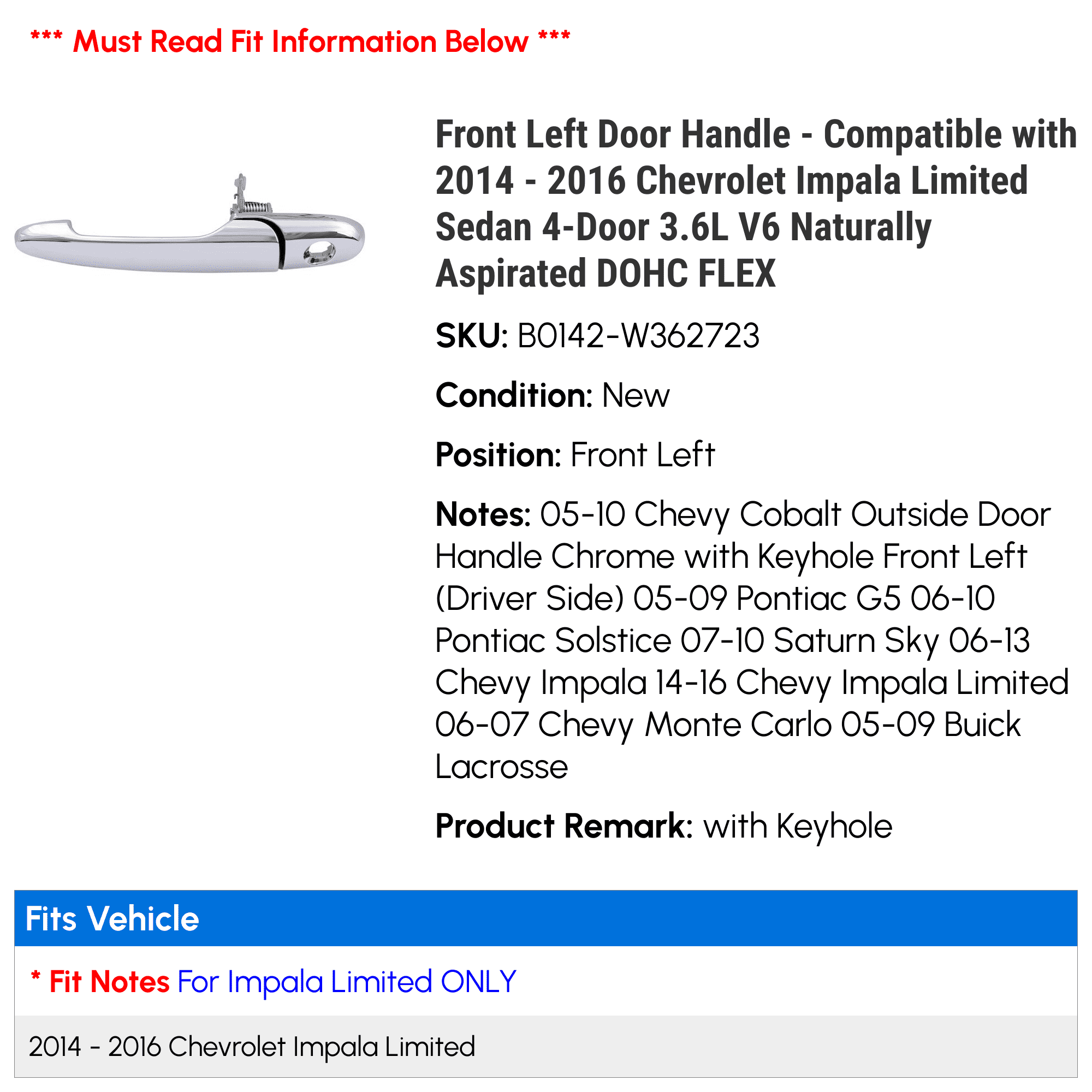 Front Left Door Handle for 2014-2016 Chevy Impala Limited Sedan 4-Door N47830