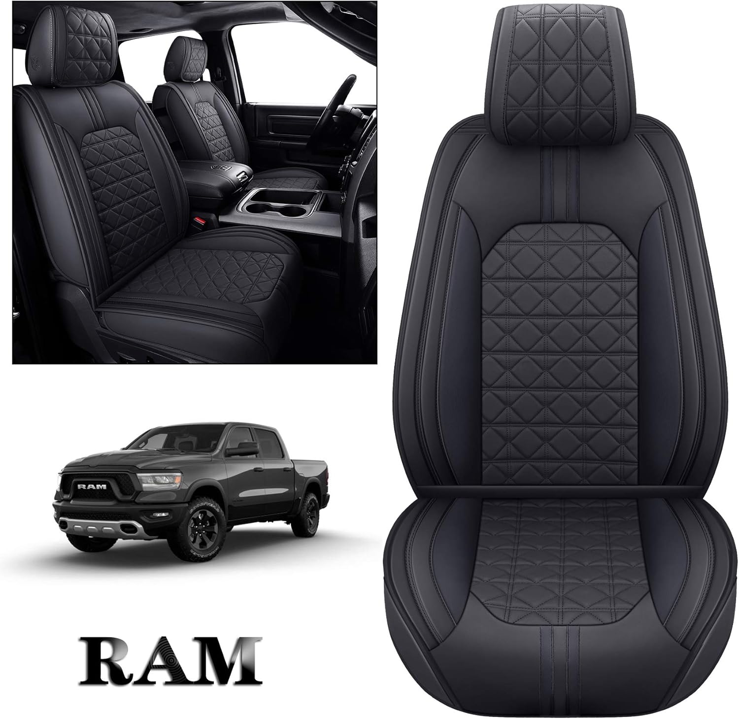 Black Faux Leather Front Seat Covers for Dodge RAM Pickup F491