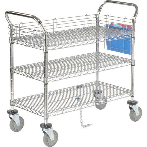 Utility Cart, 3 Shelf, Chrome, Polyurethane Casters T421763