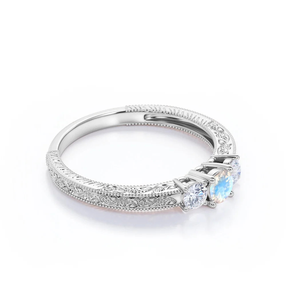 18K White Gold Plated Rainbow Moonstone and Moissanite Engagement Ring F77014
