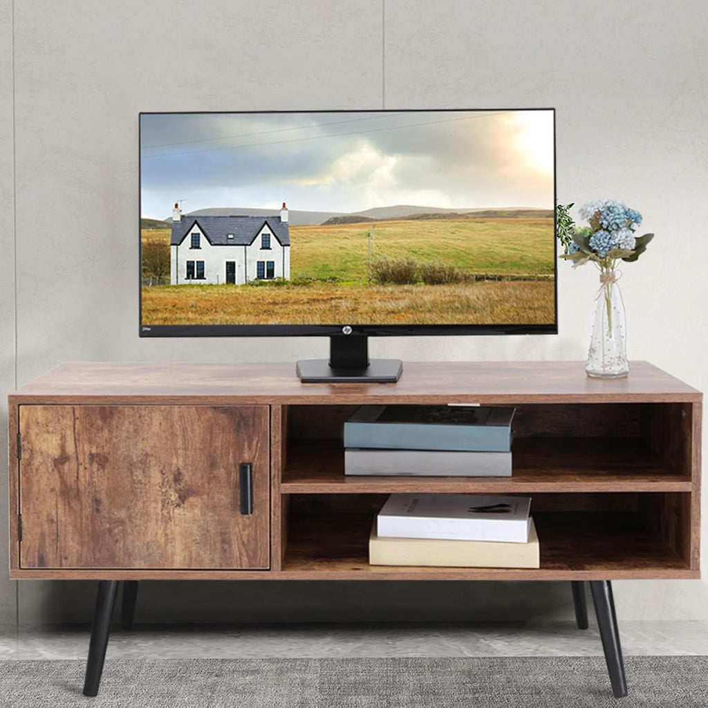 Rustic Brown TV Stand with Open Storage Shelves and Cabinet K64657