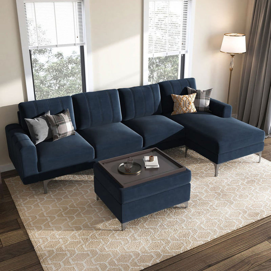 Dark Blue Velvet Convertible Sectional Sofa with Storage Ottoman Q4985