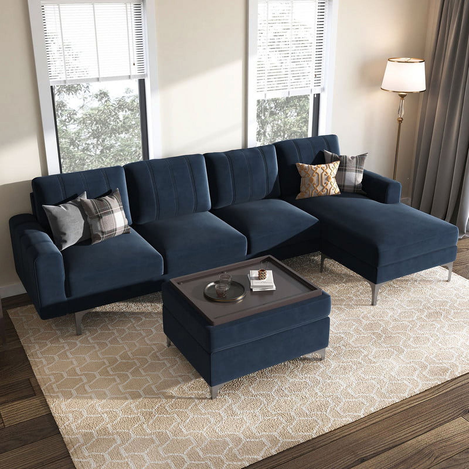 Dark Blue Velvet Convertible Sectional Sofa with Storage Ottoman Q4985