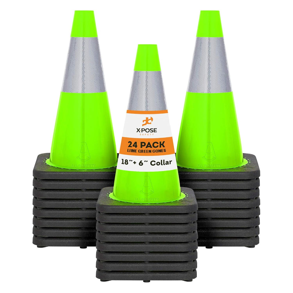 Lime Green PVC Traffic Cone with Reflective Collar, 4 Pack V566991