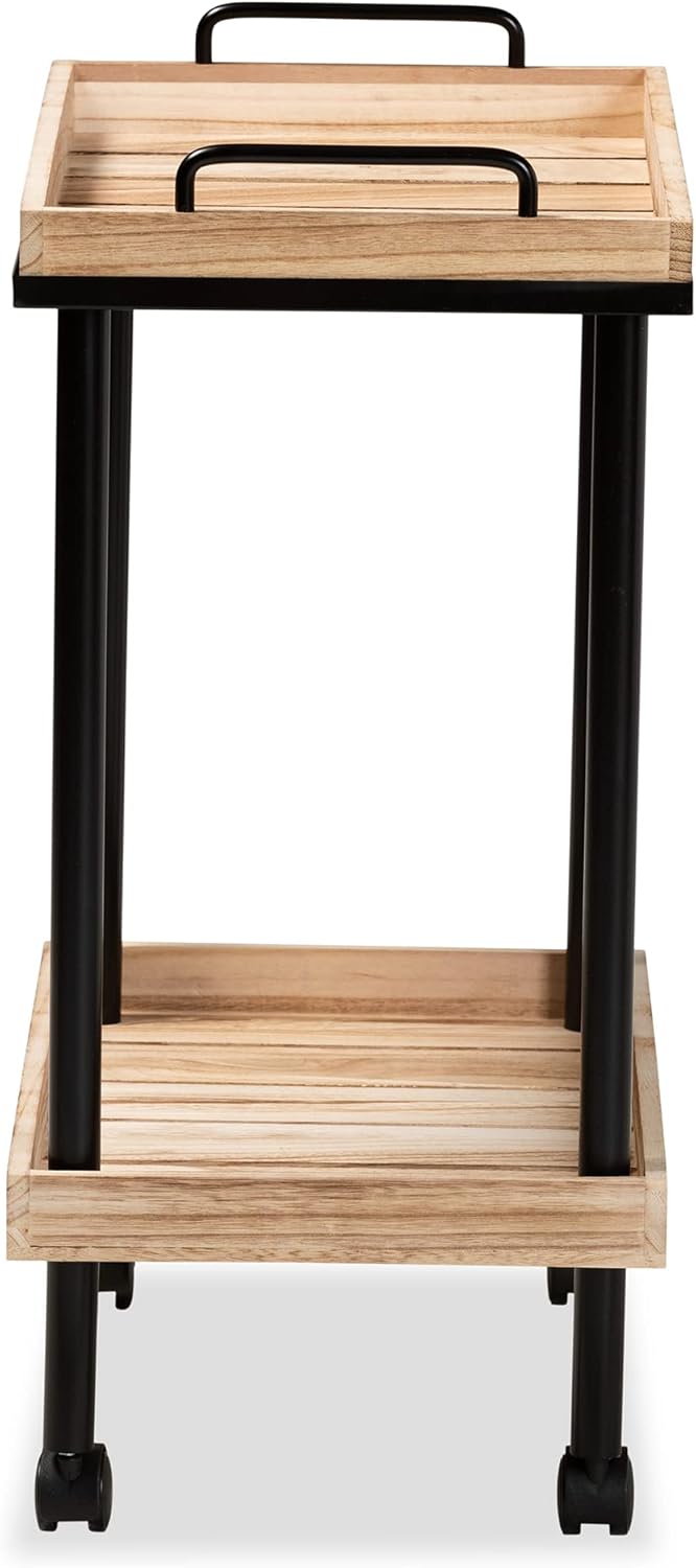 Oak Brown Finished Wood and Black Metal Kitchen Cart Q148