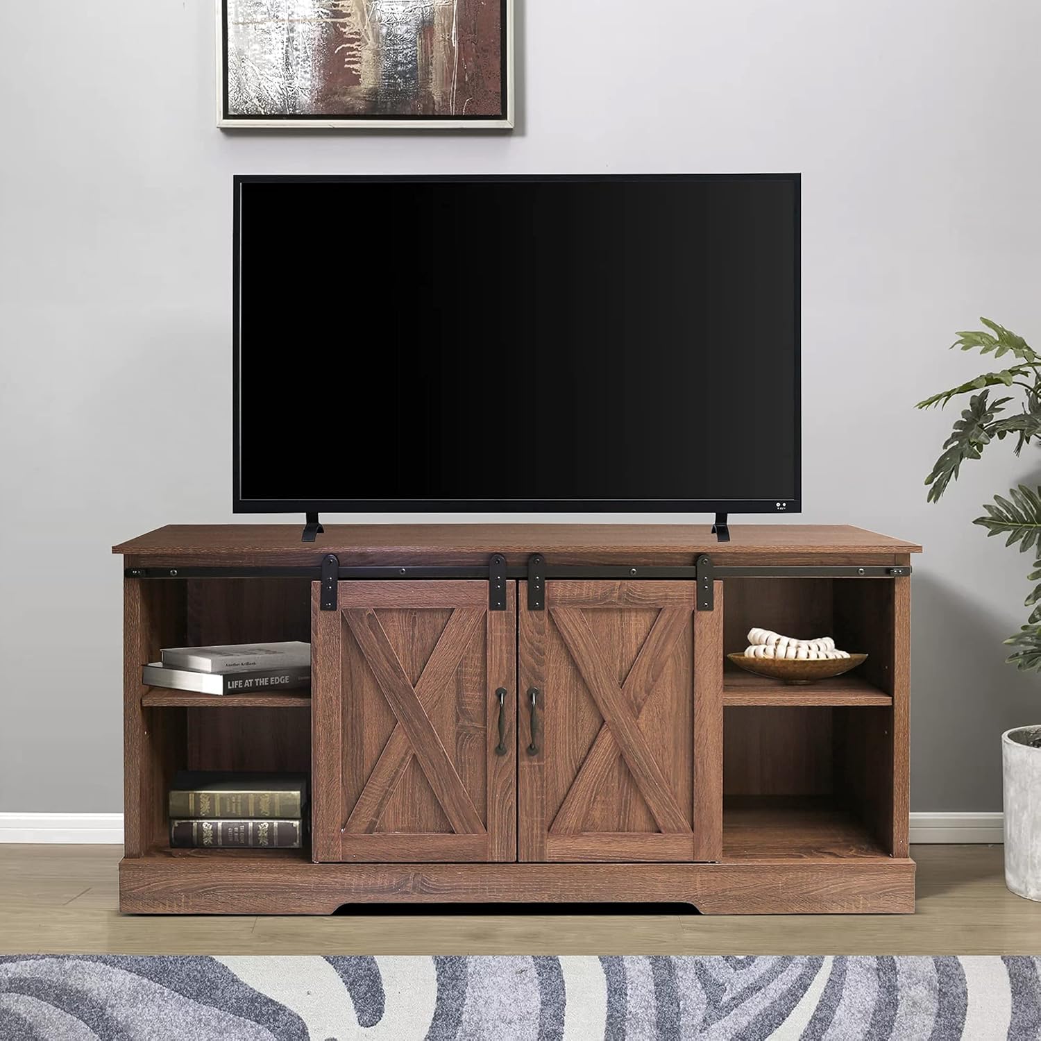 Farmhouse TV Stand 58 Inch Wood Media Console Storage Cabinet F77883