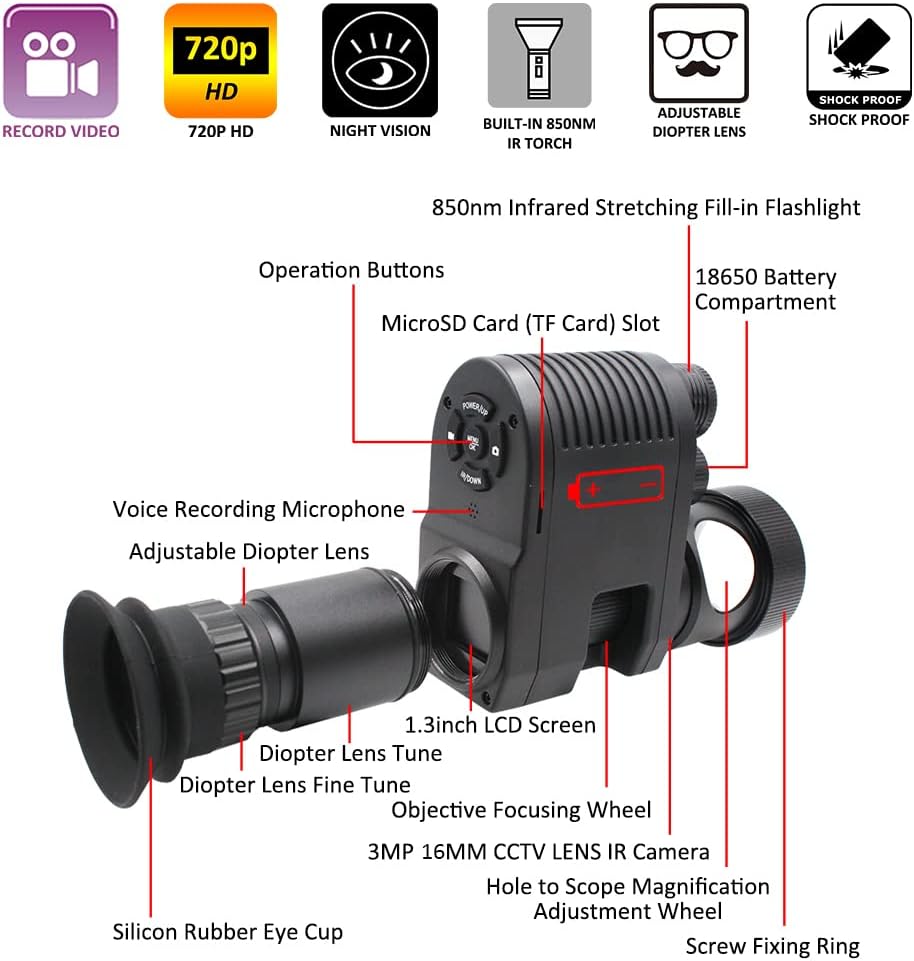 720p HD Night Vision Scope Camcorder Monocular with Built-in 850nm Infrared Flashlight S50392
