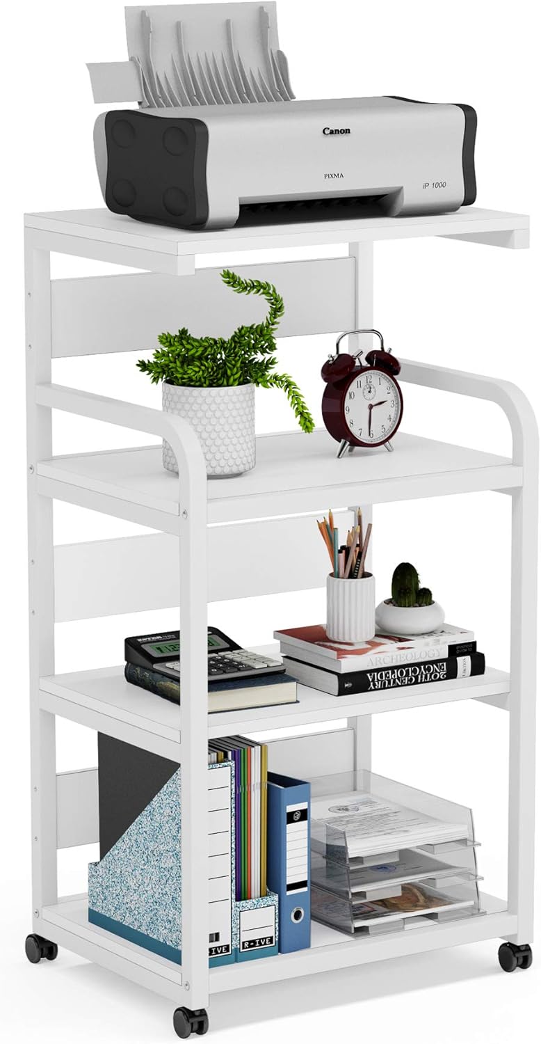 Rustic Brown 4-Shelf Mobile Printer Stand with Storage Shelves on Wheels U110647