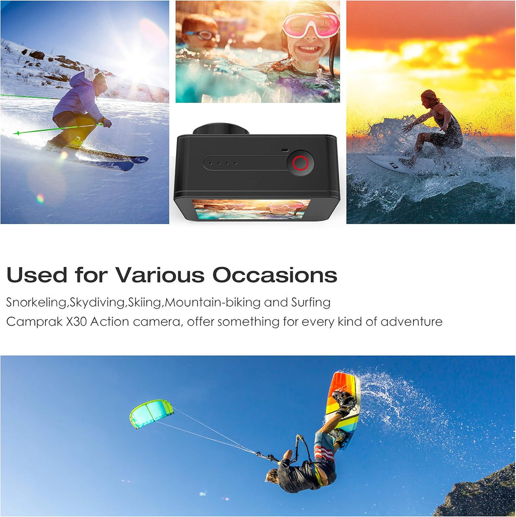 4K 60FPS 20MP Waterproof Action Camera with Touch Screen Stabilizer 2 Rechargeable 1350 Batteries and Accessories Kit T2558
