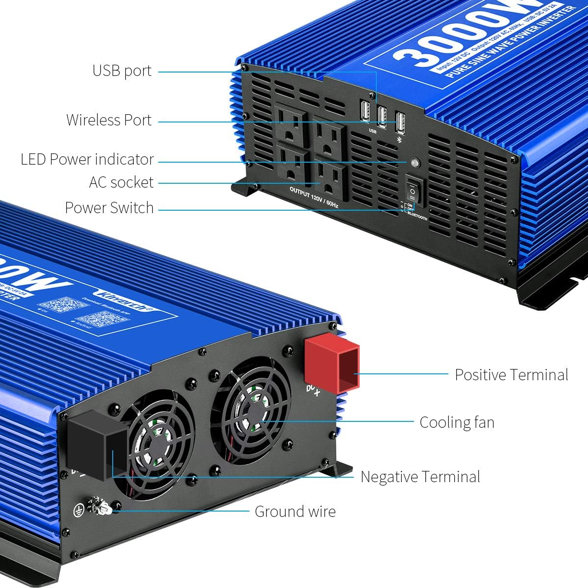 3000W Pure Sine Wave Power Inverter 12V DC to 110V AC Car Inverter with Bluetooth 4 AC Outlets 2 USB Ports J452