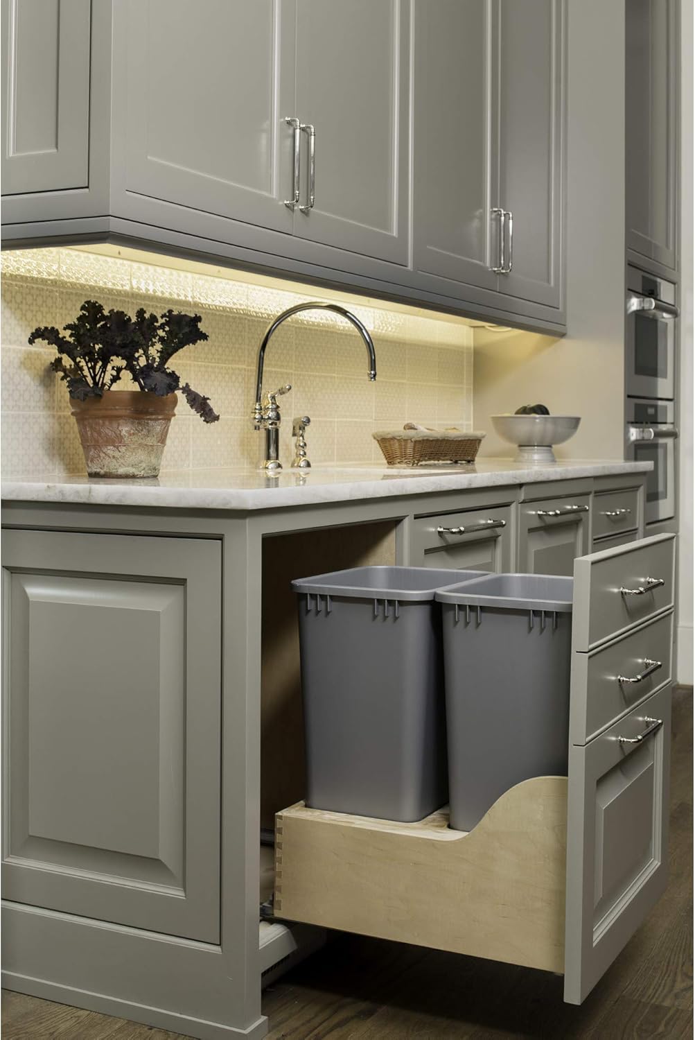 Double 50-Quart Bottom Mount Kitchen Pullout Waste Container Trash Can with Soft-Close Slides, Silver L56967