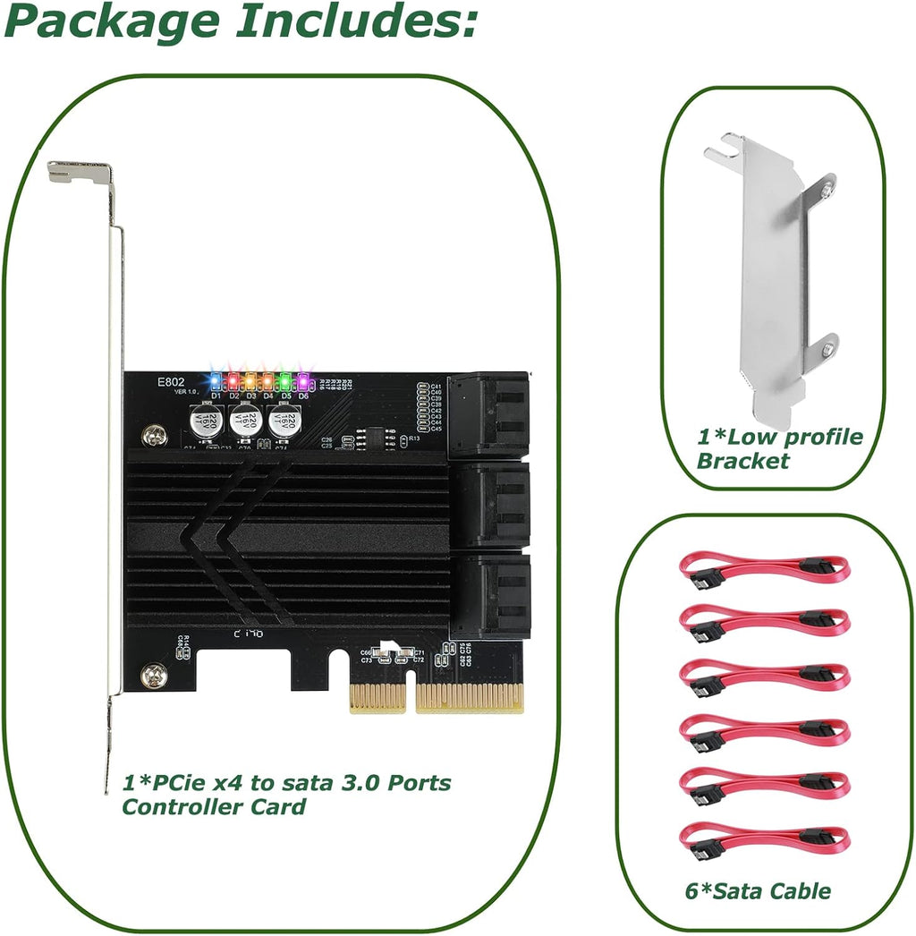 PCIe X4 SATA Card 6 Ports, Non Raid, SATA III Controller Expansion Card 6 Gbps, with 6 SATA Cables+Thin Bracket Pack of 2 M7167
