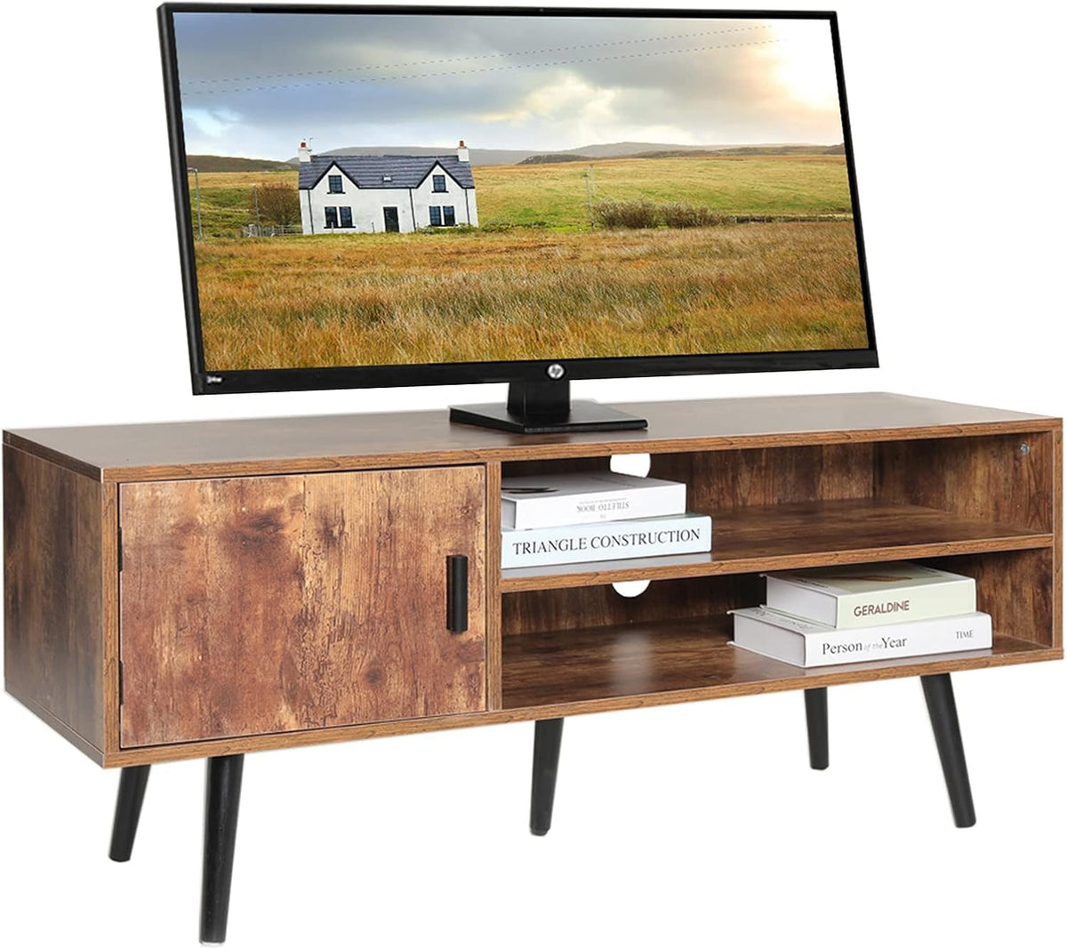 Rustic Brown TV Stand with Open Storage Shelves and Cabinet K64657