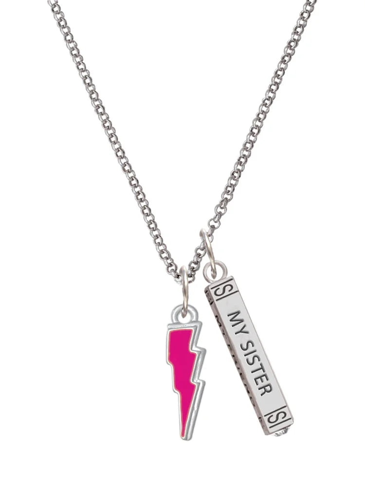 Silvertone Hot Pink Lightning Bolt Sister Bar Charm Necklace, 23" D507