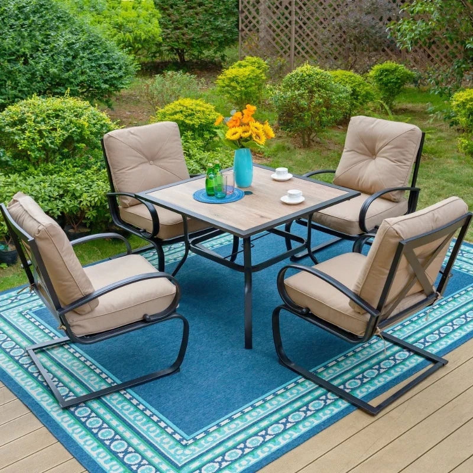 5-Piece Outdoor Dining Set with Black Steel Frame and Beige Cushion X500