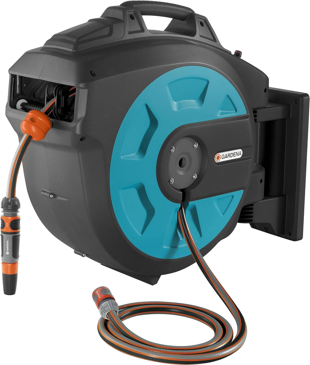 Black and Turquoise Wall Mounted Retractable Hose Reel, 115 feet F9340