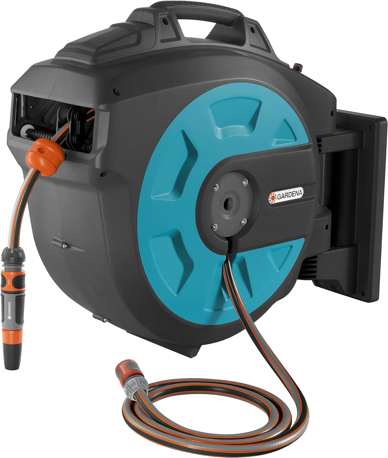 Black and Turquoise Wall Mounted Retractable Hose Reel, 115 feet F9340
