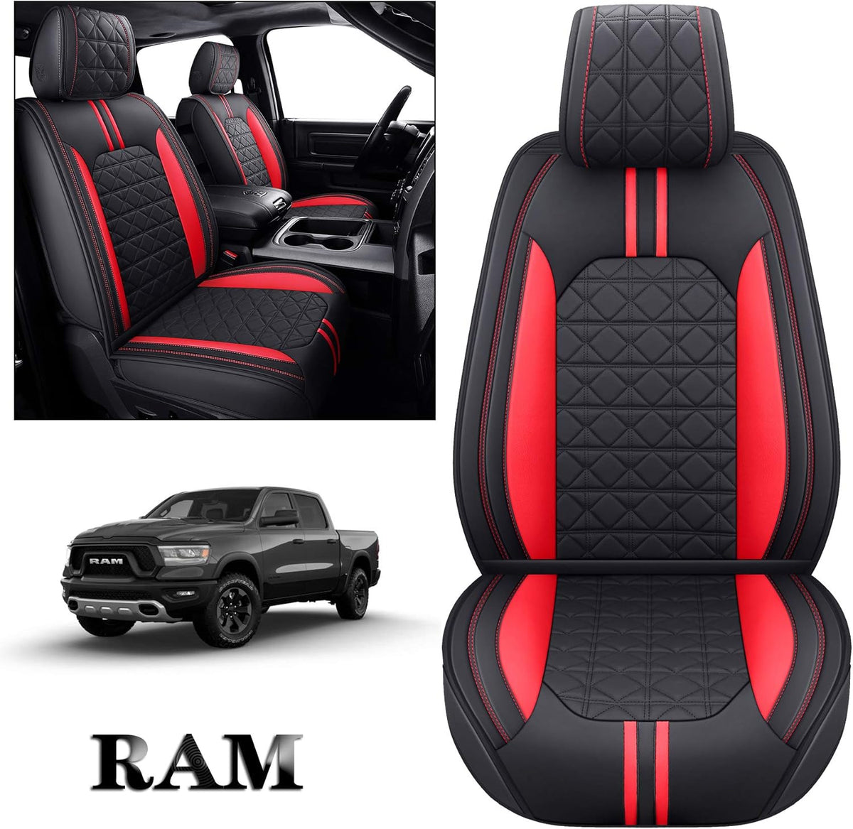 Black Faux Leather Front Seat Covers for Dodge RAM Pickup F491