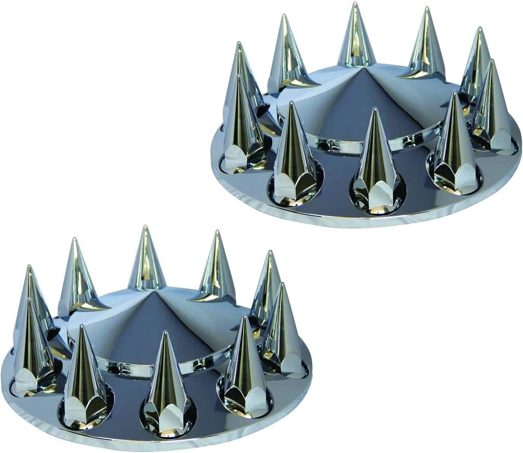 Semi Truck Chrome Front Axle Wheel Cone Style Cover Kit Hub Cap with 33mm Spike Thread-On Nuts Covers N2056