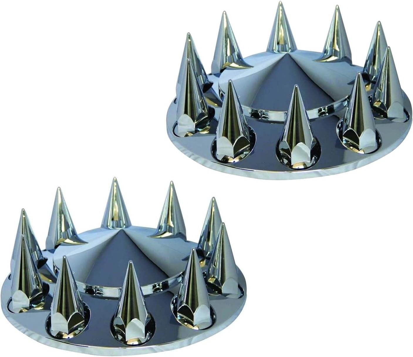 Semi Truck Chrome Front Axle Wheel Cone Style Cover Kit Hub Cap with 33mm Spike Thread-On Nuts Covers N2056