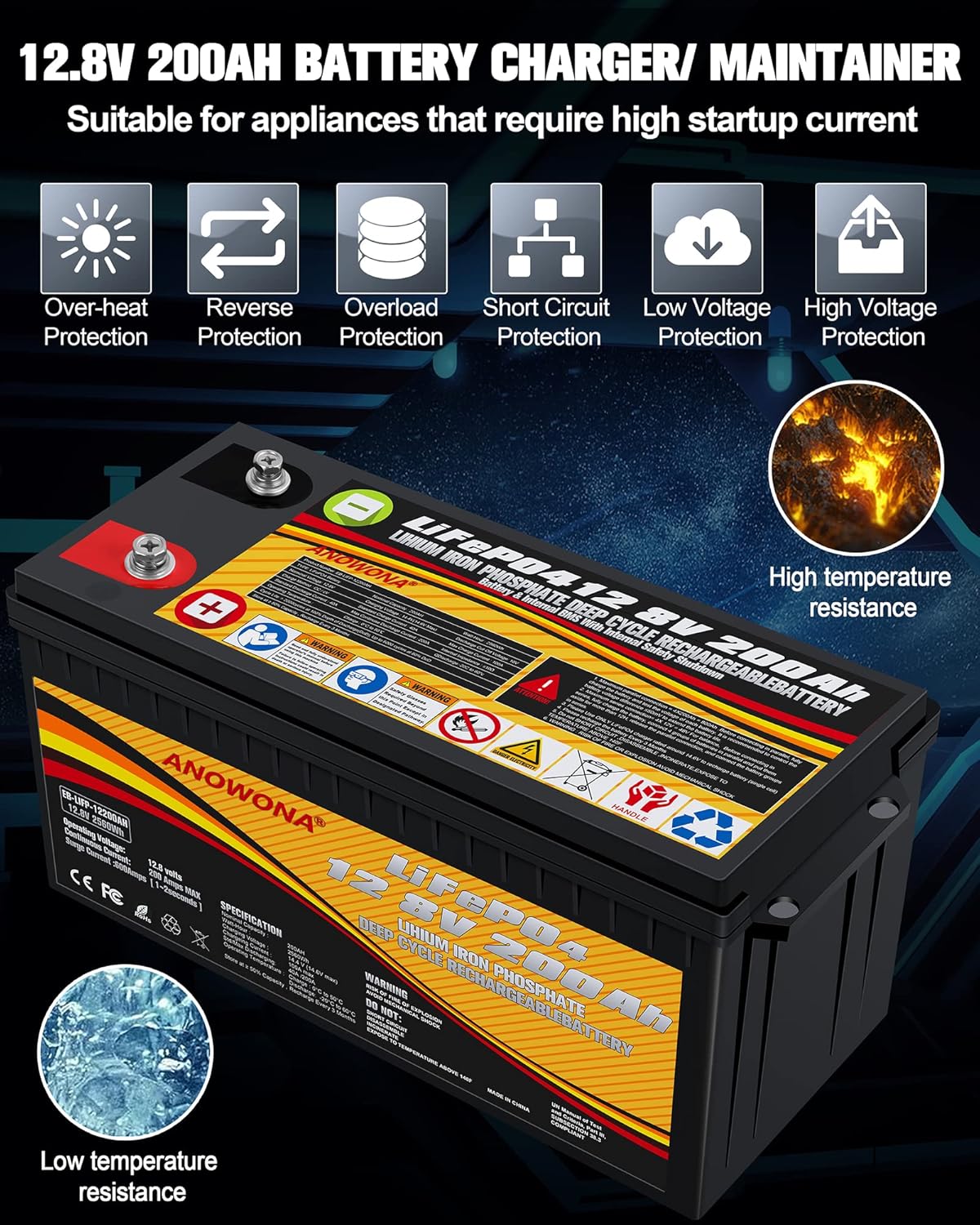 12.8V 200Ah LiFePO4 Deep Cycle Battery with 100A BMS U599
