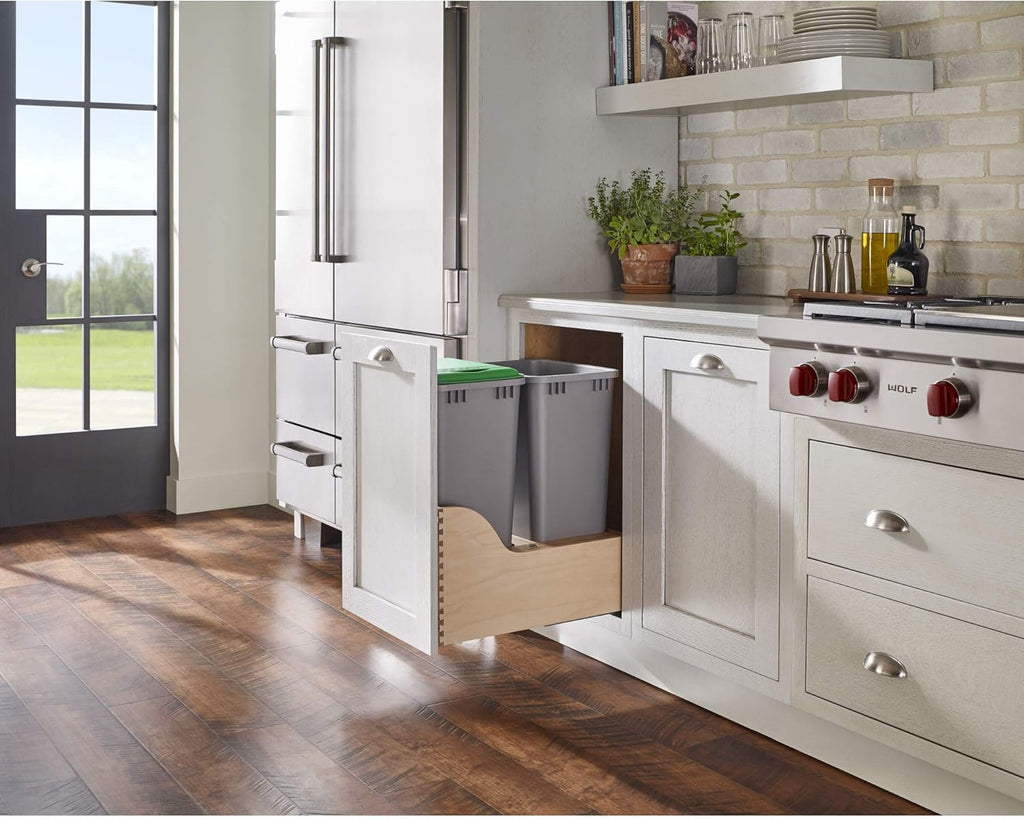 Double 50-Quart Bottom Mount Kitchen Pullout Waste Container Trash Can with Soft-Close Slides, Silver L56967
