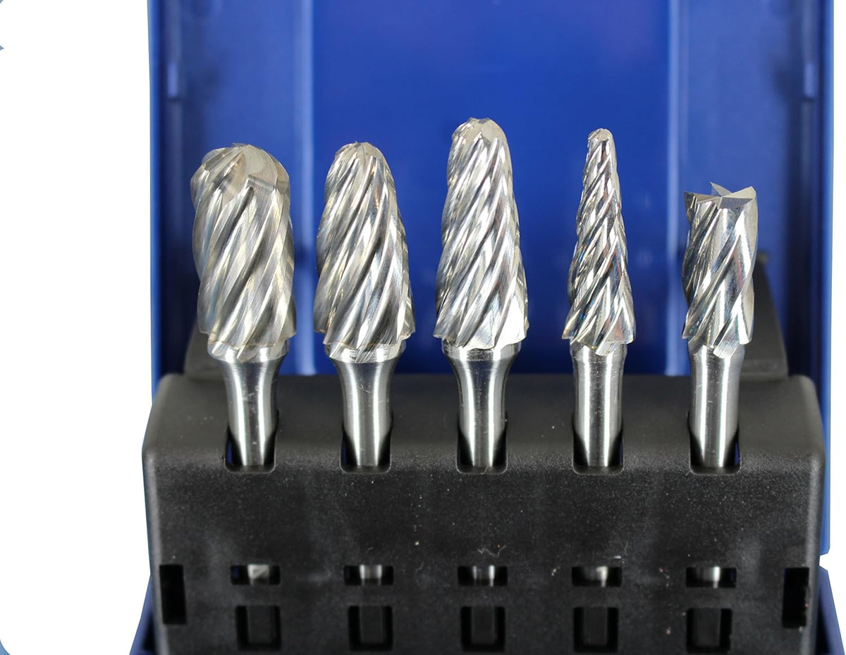 5 pc Set Aluminum Carbide Rotary Burr File, 1/2 Inch and 3/8 Inch Head, 1/4 Inch Diameter 2 Inch Long Shank L579867