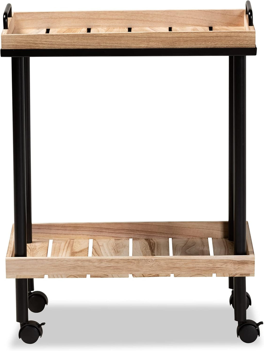 Oak Brown Finished Wood and Black Metal Kitchen Cart Q148